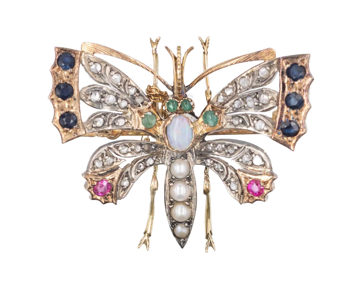 Lot A late Victorian 14k (tested) rose gold multi-gem set brooch.