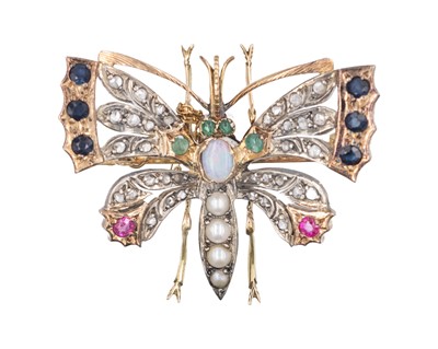 Lot A late Victorian 14k (tested) rose gold multi-gem set brooch.