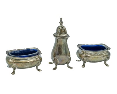 Lot 105 - A silver three-piece cruet set by E. S. Barnsley & Co.