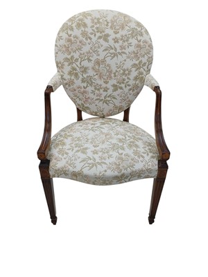 Lot 851 - A 19th century mahogany, burrwood and inlaid Hepplewhite style elbow chair.