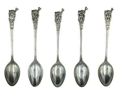 Lot 338 - A set of five white metal demitasse spoons.