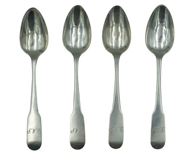 Lot 378 - A set of four George III silver fiddle-pattern teaspoons by Alexander Rollo.