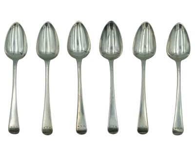 Lot 295 - A set of six silver Old-English pattern teaspoons by Thomas Wallis (II) & Jonathan Hayne.