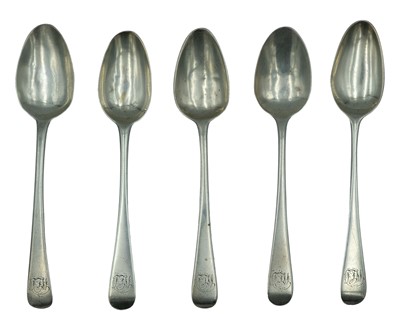 Lot 193 - A selection of five George III silver Old-English pattern teaspoons.