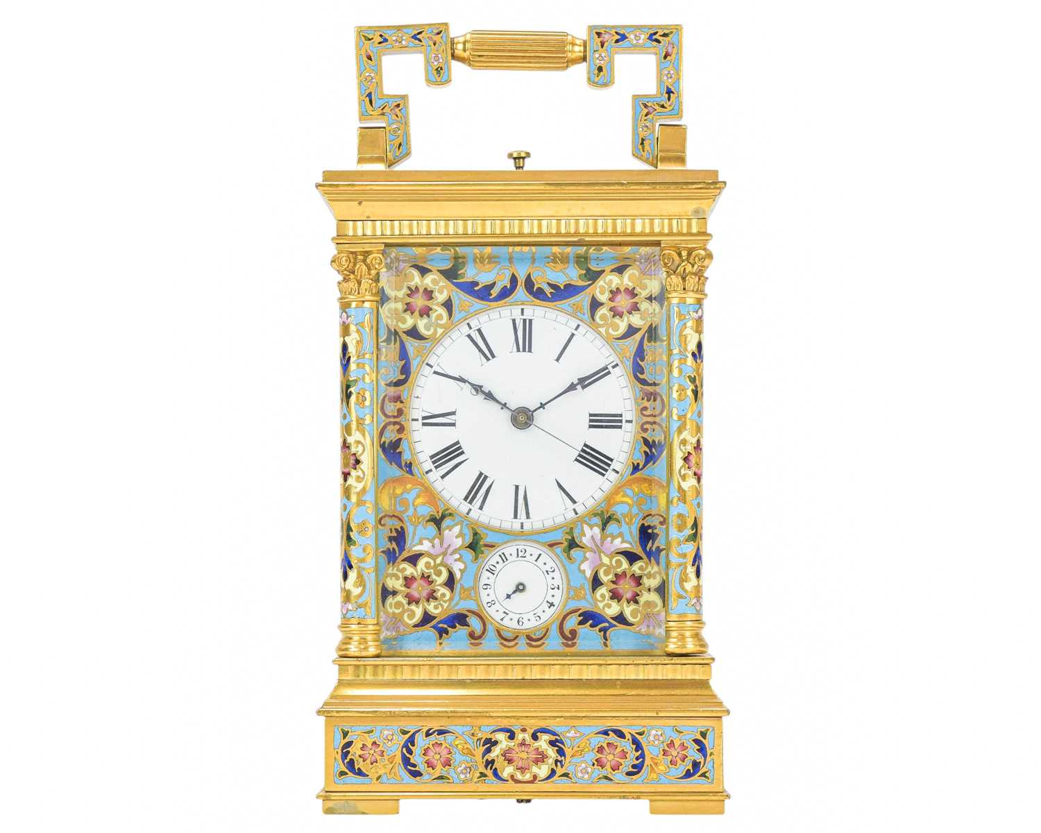 Lot 770 - A French champleve enamel grande sonnerie repeating carriage alarm clock.