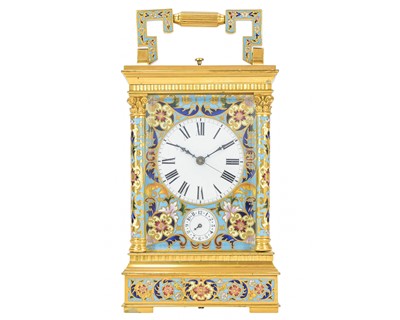 Lot 770 - A French champleve enamel grande sonnerie repeating carriage alarm clock.