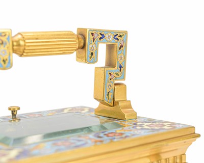 Lot 770 - A French champleve enamel grande sonnerie repeating carriage alarm clock.