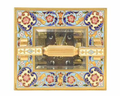 Lot 770 - A French champleve enamel grande sonnerie repeating carriage alarm clock.