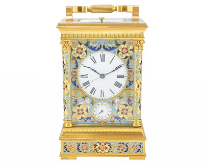 Lot 770 - A French champleve enamel grande sonnerie repeating carriage alarm clock.