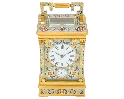 Lot 770 - A French champleve enamel grande sonnerie repeating carriage alarm clock.