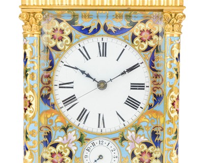 Lot 770 - A French champleve enamel grande sonnerie repeating carriage alarm clock.