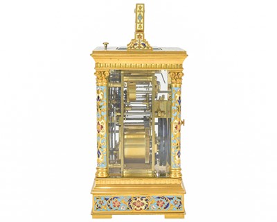 Lot 770 - A French champleve enamel grande sonnerie repeating carriage alarm clock.