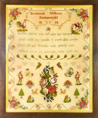 Lot 651 - A Victorian Welsh woolwork sampler.