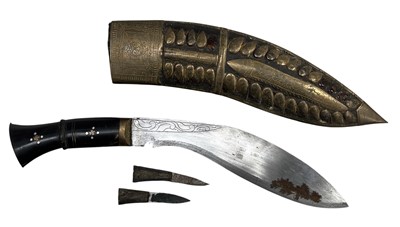 Lot 223 - A Kukri knife, with leather sheath covered in...