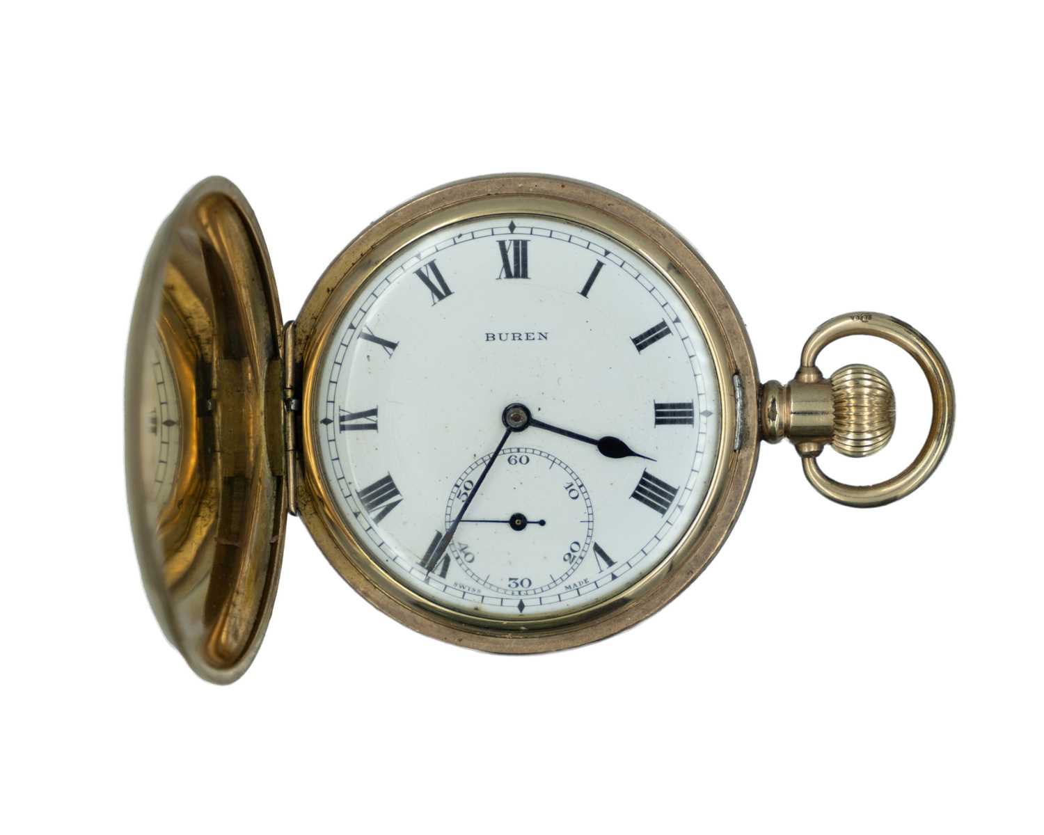 Lot 542 - BUREN - A gold-plated full-hunter keyless wind pocket watch.