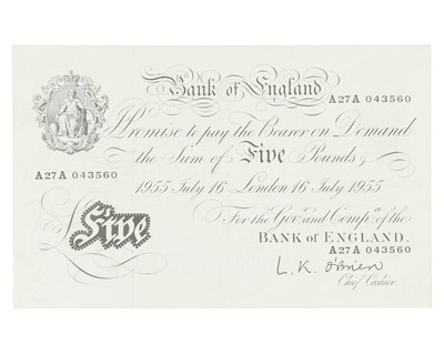 Lot 261 - 1955 AA Prefix White £5 Banknote.