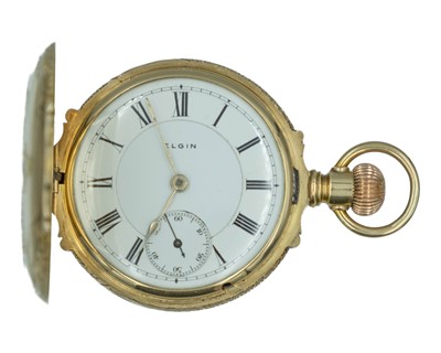 Lot 503 - ELGIN - A good American 14k tri-colour gold full hunter keyless wind lever pocket watch.