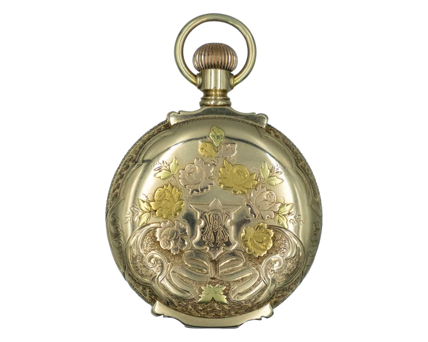 Lot 503 - ELGIN - A good American 14k tri-colour gold full hunter keyless wind lever pocket watch.