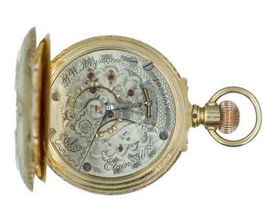 Lot 503 - ELGIN - A good American 14k tri-colour gold full hunter keyless wind lever pocket watch.
