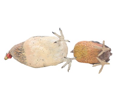 Lot 12 - A cold painted bronze figure of a cockerel and another of a hen.