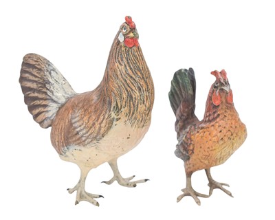 Lot 12 - A cold painted bronze figure of a cockerel and another of a hen.