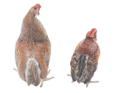 Lot 12 - A cold painted bronze figure of a cockerel and another of a hen.