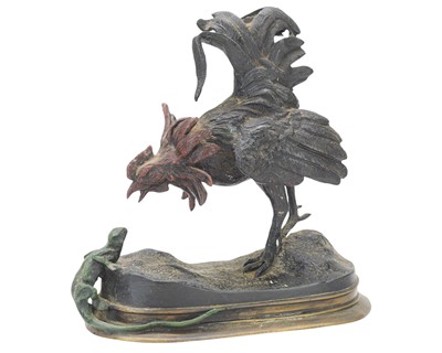 Lot 42 - A large, cold painted bronze figure of a cockerel and a lizard.