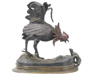 Lot 42 - A large, cold painted bronze figure of a cockerel and a lizard.