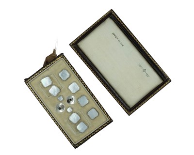 Lot 211 - A sterling silver with mother-of-pearl shirt button and cufflink dress set by Owen Powell.