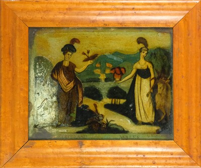 Lot 719 - A George III hand coloured reverse print on glass, 'Scotland [&] Wales'.