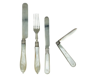 Lot 160 - A set of Victorian silver Christening cutlery with mother-of-pearl handles by Hilliard & Thomason.