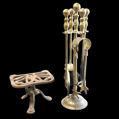 Lot 81 - A brass fireside companion set and an...