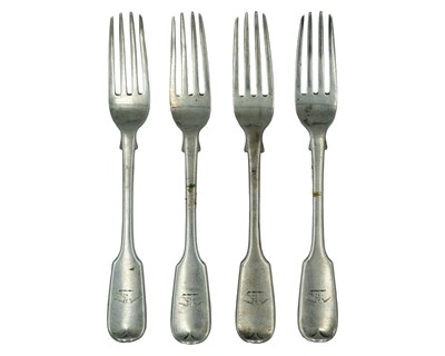 Lot 291 - A set of four Victorian silver fiddle-pattern table forks by Chawner & Co.
