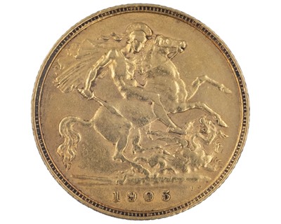 Lot 20 - GB - An Edward VII 1905 half sovereign gold coin.