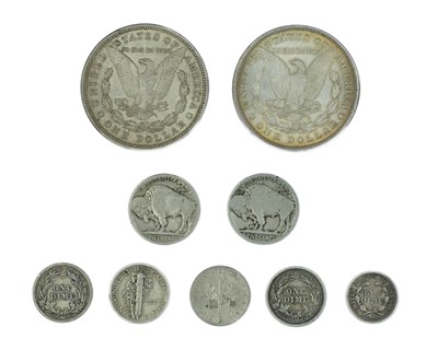 Lot 73 - USA - a collection of silver and nickel coinage, including 2 x Morgan dollars.