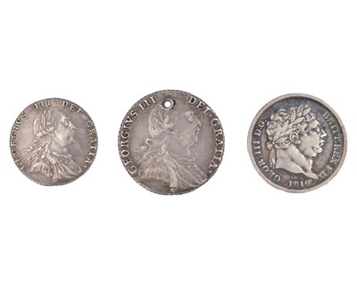 Lot 69 - GB - George III silver 1787 shilling (holed), a 1787 sixpence, and an 1816 sixpence.