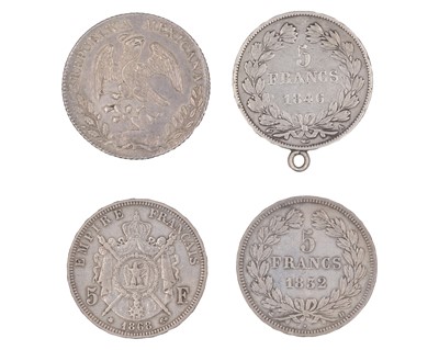 Lot 54 - WORLD - Four silver coins, a Mexico 1886 8 reales, 3 x France 5 Franc coins, 1832, 1846, and 1868.