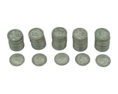 Lot 30 - GB - A large collection of George VI pre-1947, .500 silver, one shilling coins.