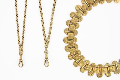 Lot 426 - Two Victorian pinchbeck long guard chains.