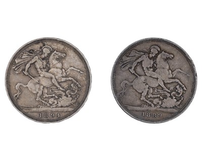Lot 68 - GB - Two Victoria silver crown coins, 1889 and 1894.