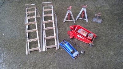 Lot 164 - Metal Car Ramps, Axle Stands, a Trolley Jack,...