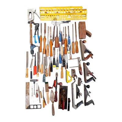 Lot 169 - A selection of hand tools and a tool rack,...