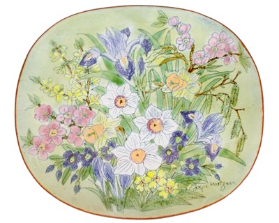 Lot 112 - A Chelsea pottery charger, painted by Joyce Morgan.