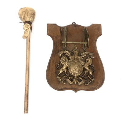Lot 130 - A shield shape mahogany gong holder, with...