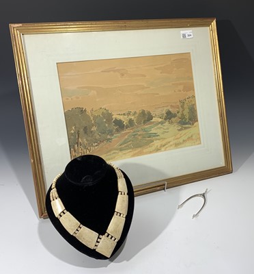 Lot 364 - A watercolour, a pair of silver wishbone sugar...