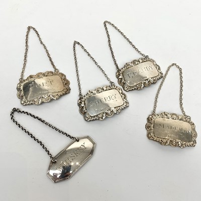 Lot 2018 - Four modern silver decanter labels and an...