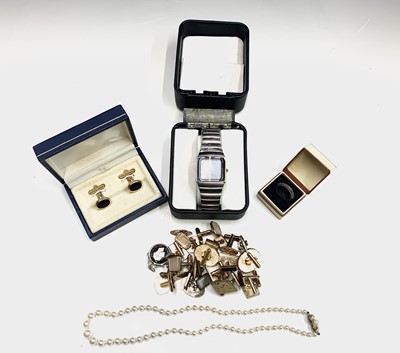 Lot 695 - A pearl necklace, cuff-links a watch etc