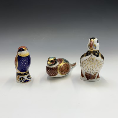 Lot 827 - Three Royal Crown Derby bird paperweights -...