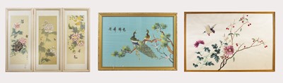 Lot 71 - Two Chinese silk embroidery pictures of birds...