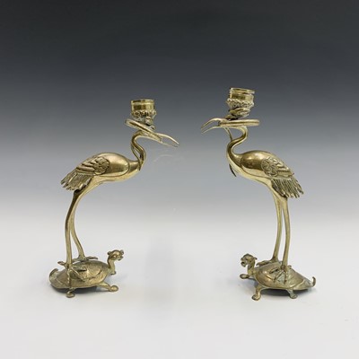 Lot 305 - Two pairs of Japanese bronze candlesticks,...